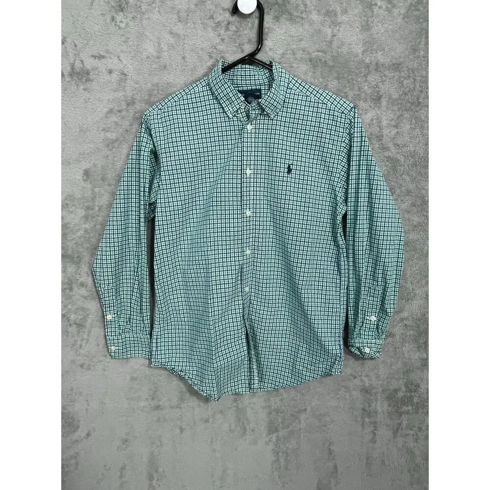 Ralph Lauren Shirt Boys Size 14-16 Blue Green Plaid Preppy Spring